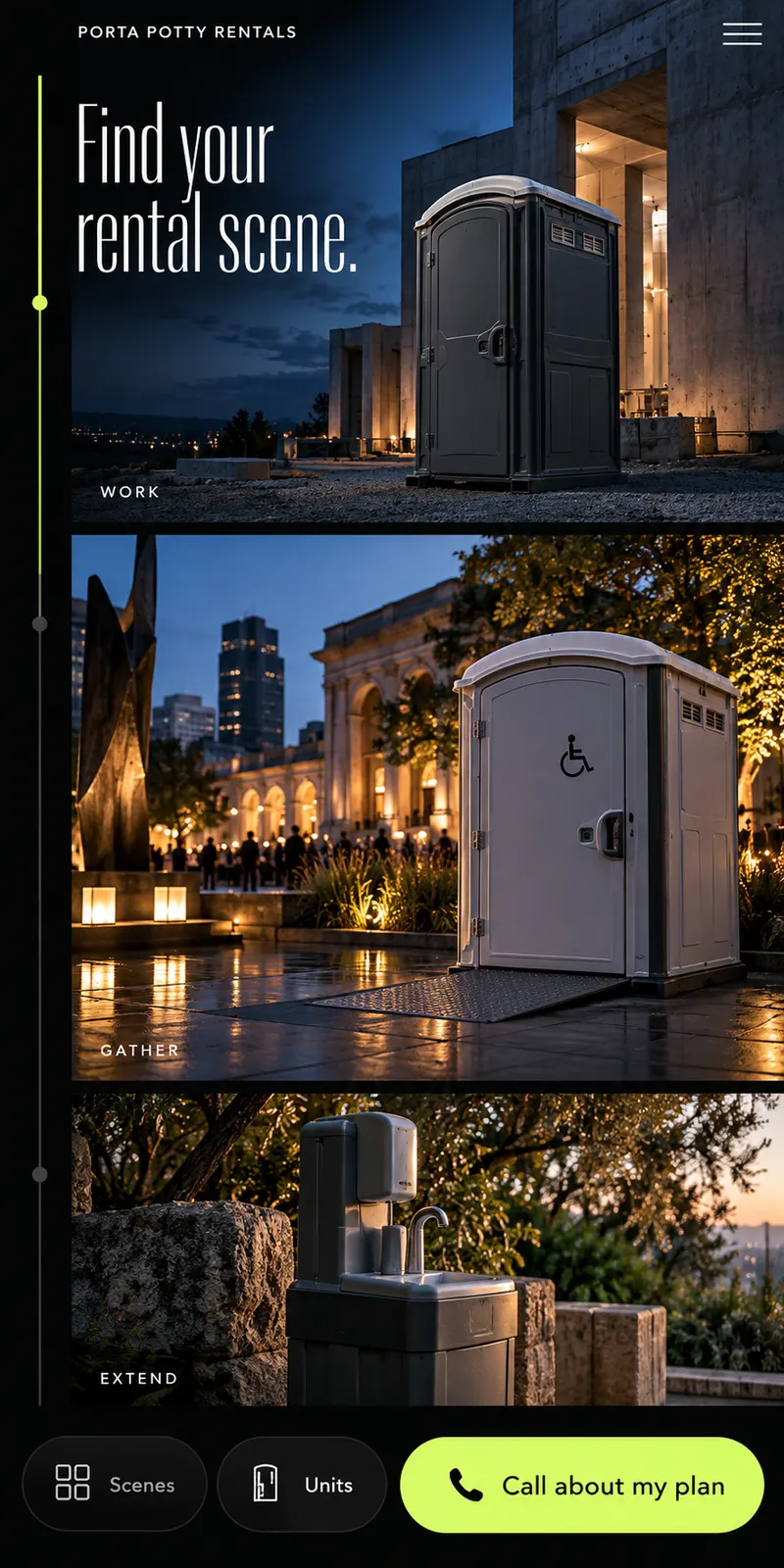 Three illustrated sanitation settings for work, evening events and longer rentals